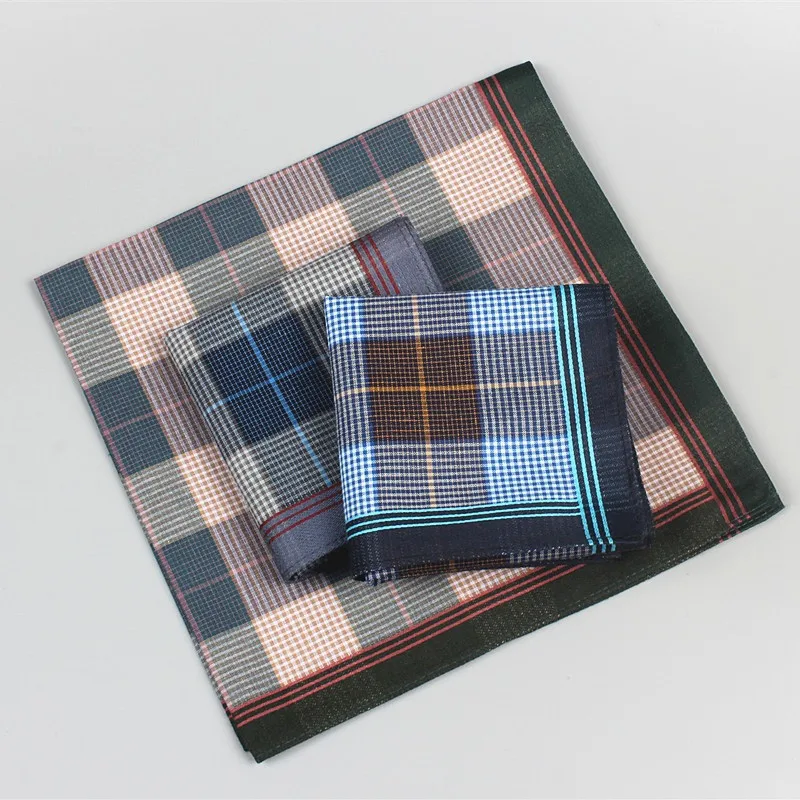 3Pcs 40x40cm 100% Cotton Vintage Dark Color Plaid Checkered Printed Mens Handkerchiefs Pocket Squares For Suit Jacket