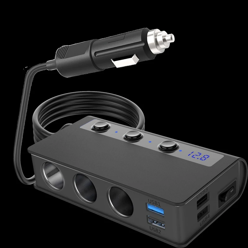 Car Quick Charge 3.0 Lighter Splitter 12V/24V 3- Socket 180W ON-OFF DC Power Car Splitter With 4-Port USB Car Charger