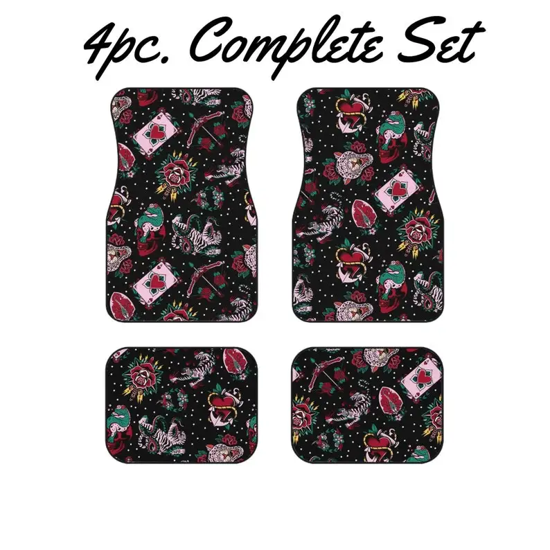 

Pink Tattoo Print 4pcs Universal Car Floor Mats All-Season Fashionable Auto Interio Absorbent Non-Slip Washable Car Floor Mats