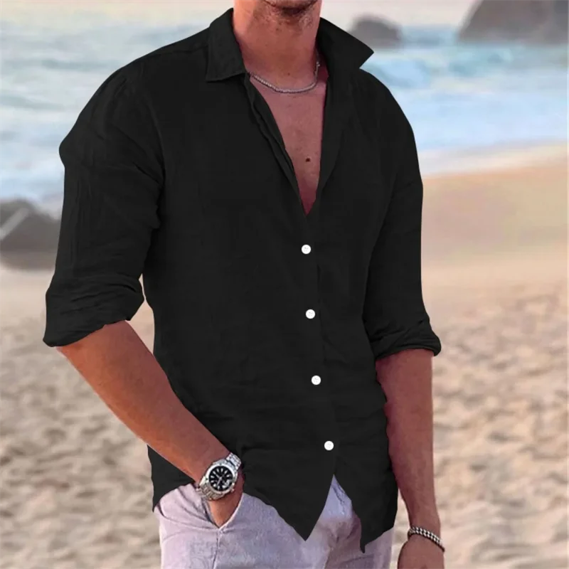 New Men's Cotton and Linen Long Sleeve Shirt Fashion Casual Lapel Beach Shirt Solid Color Hawaiian Vacation Shirt