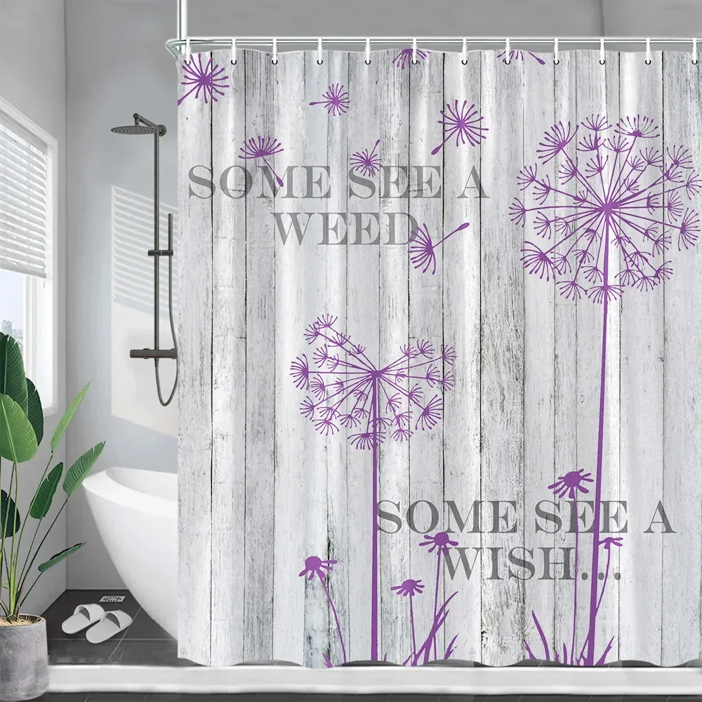 Black Dandelion Shower Curtains Rustic Farm Grey Wood Board Plant Floral Bath Curtain Polyester Fabric Bathroom Decor with Hooks image 3