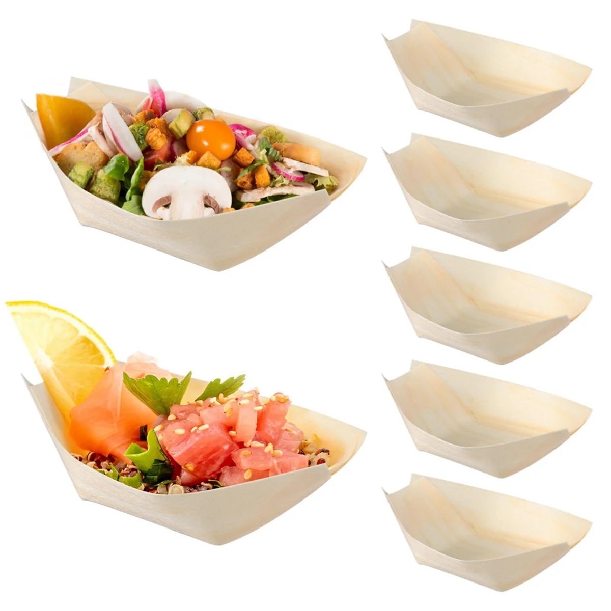 AT13 150PCS Disposable Sushi Boats Appetizer Plates Wooden Food Trays Wooden Dinner Plates Sushi and Sashimi Party Kits