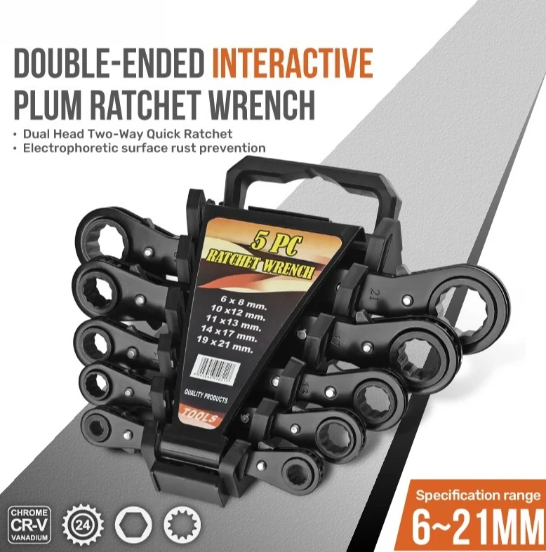 5pc/set 6-21mm Fully Polished Reversible Durable Spanner Tools Set Metric 2-Way Double Head Flat Ratchet Ring Wrench Set