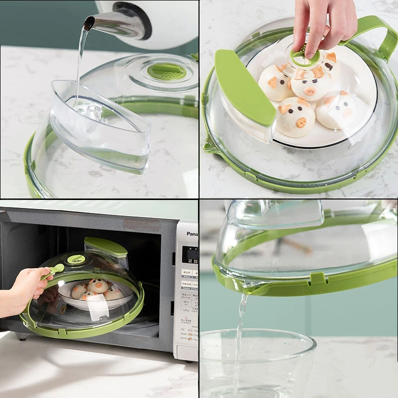 Microwave Cover with Water Tank Clear Food Microwave Splatter Cover Steamer and Handle 10 Inch Anti-splash Microwave Lid