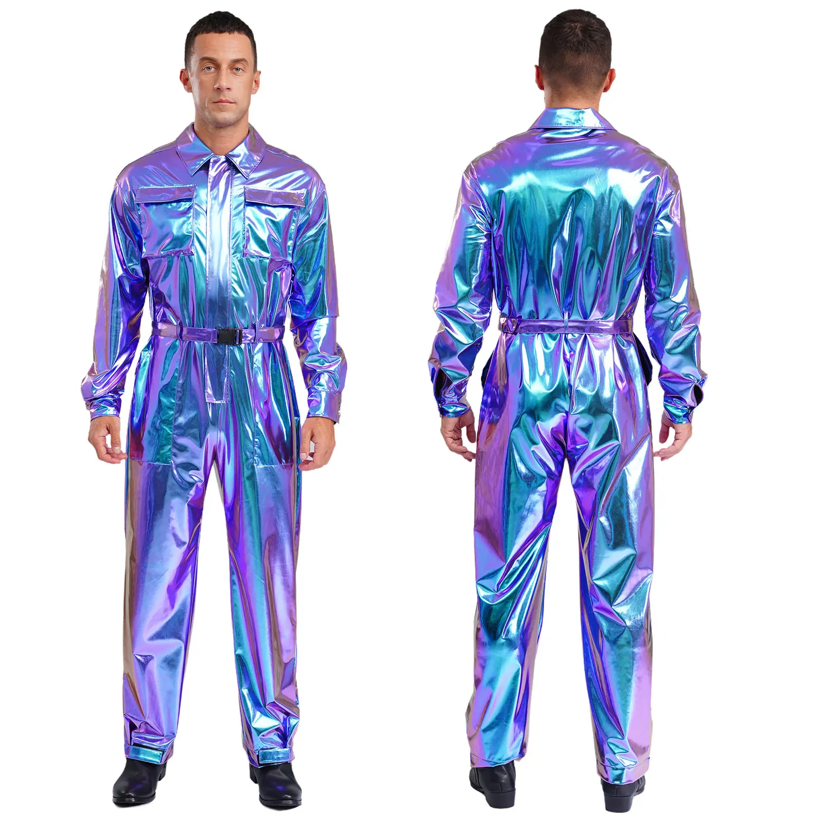 

Men Shiny Metallic Overalls Bodysuit Long Sleeves High Waist Jumpsuit Space Rompers Halloween Astronaut Pilot Cosplay Costumes
