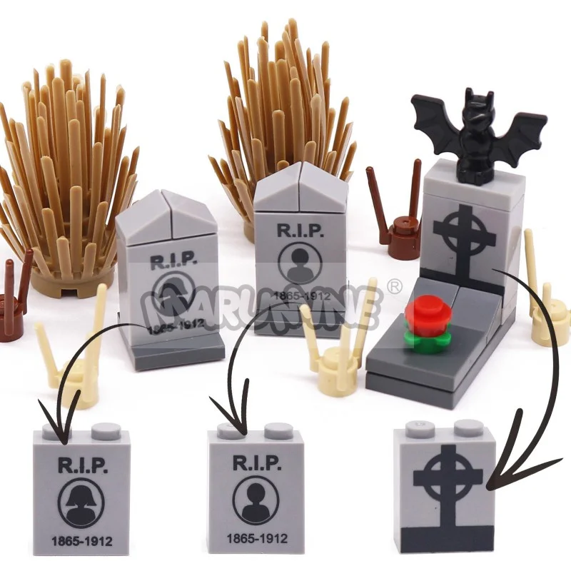 Marumine MOC Halloween-Bausteine, DIY-Druck, Grabstein, Friedhof, Ziegel, Modellbausatz, Zubehörteile, kompatibel mit 3245