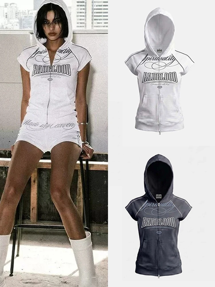 American Style Short Sleeve Hoodie Jacket Women's Casual Fashion Set Popular Print Sporty Trendy Zipper Closure Standard Fit