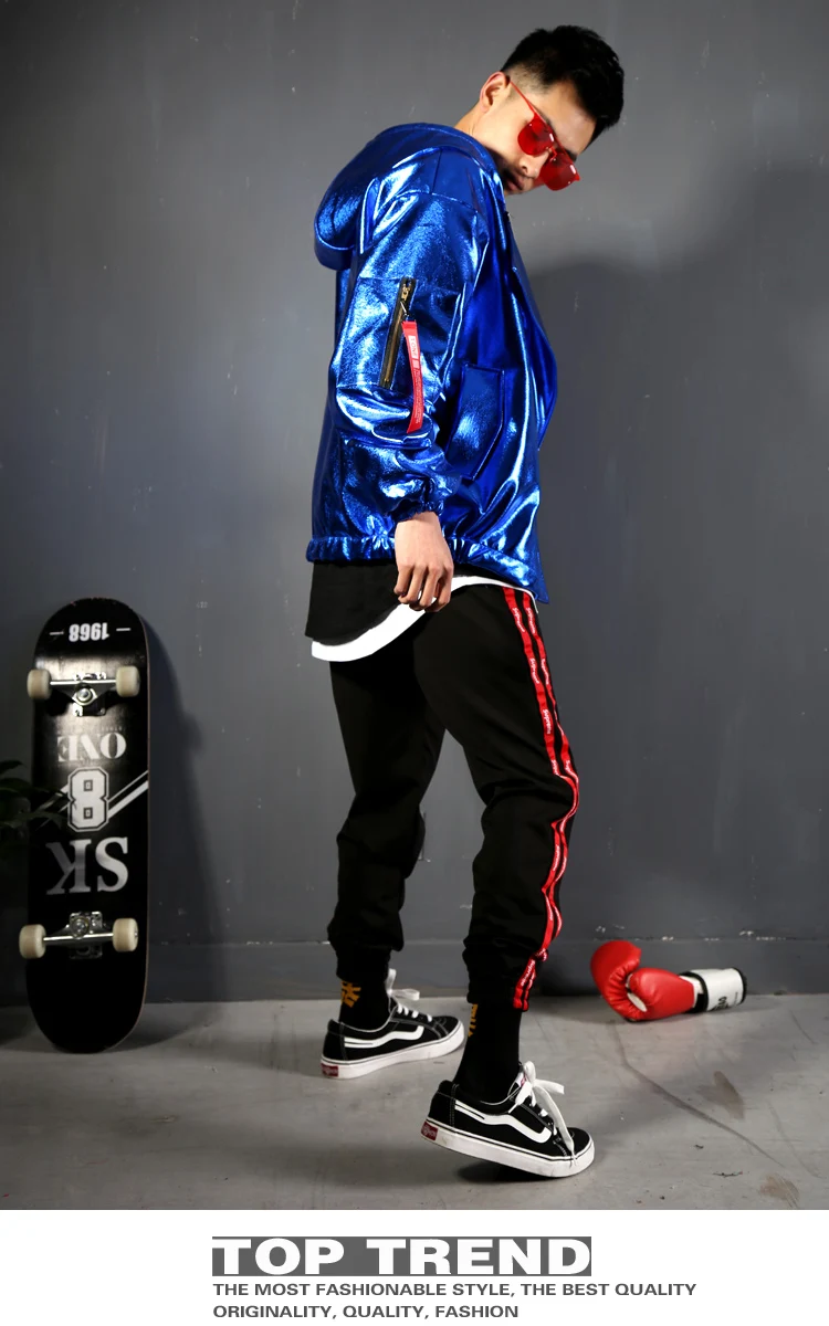 2025 블루 레이저 Pu 가죽 코트 남성 축제 의류 가수 공연 의상 나이트 클럽 Gogo 댄서 의류 레이브 복장 yk