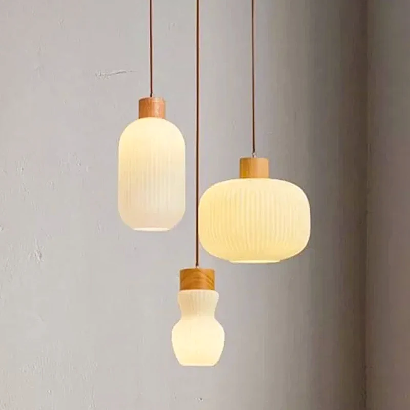 

DAMIASMIL Nordic White Glass Striped Pendant Lights Simple Wood Chandelier for Dining Room Kitchen Bedside Ceiling Hanging Lamp