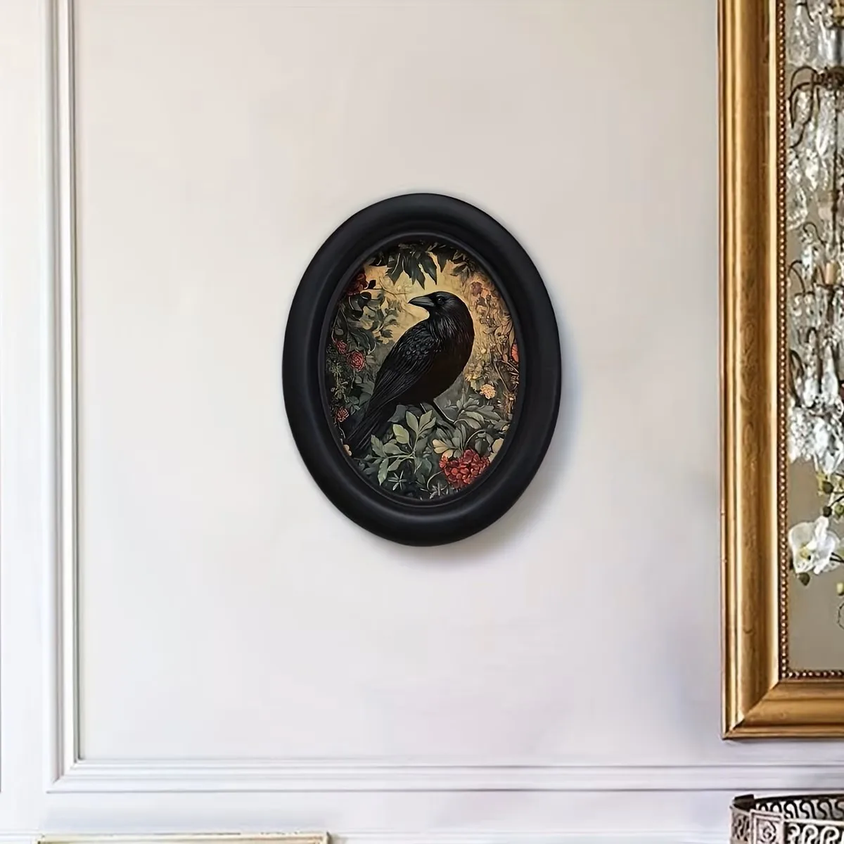 1 Piece of Bohemian Vintage 3D Crow and Floral Wooden Picture Frame Wall Art, Artificial Wood Oval Decoration for Home and Office, Halloween and Thanksgiving Holiday Decoration, Bohemian Style