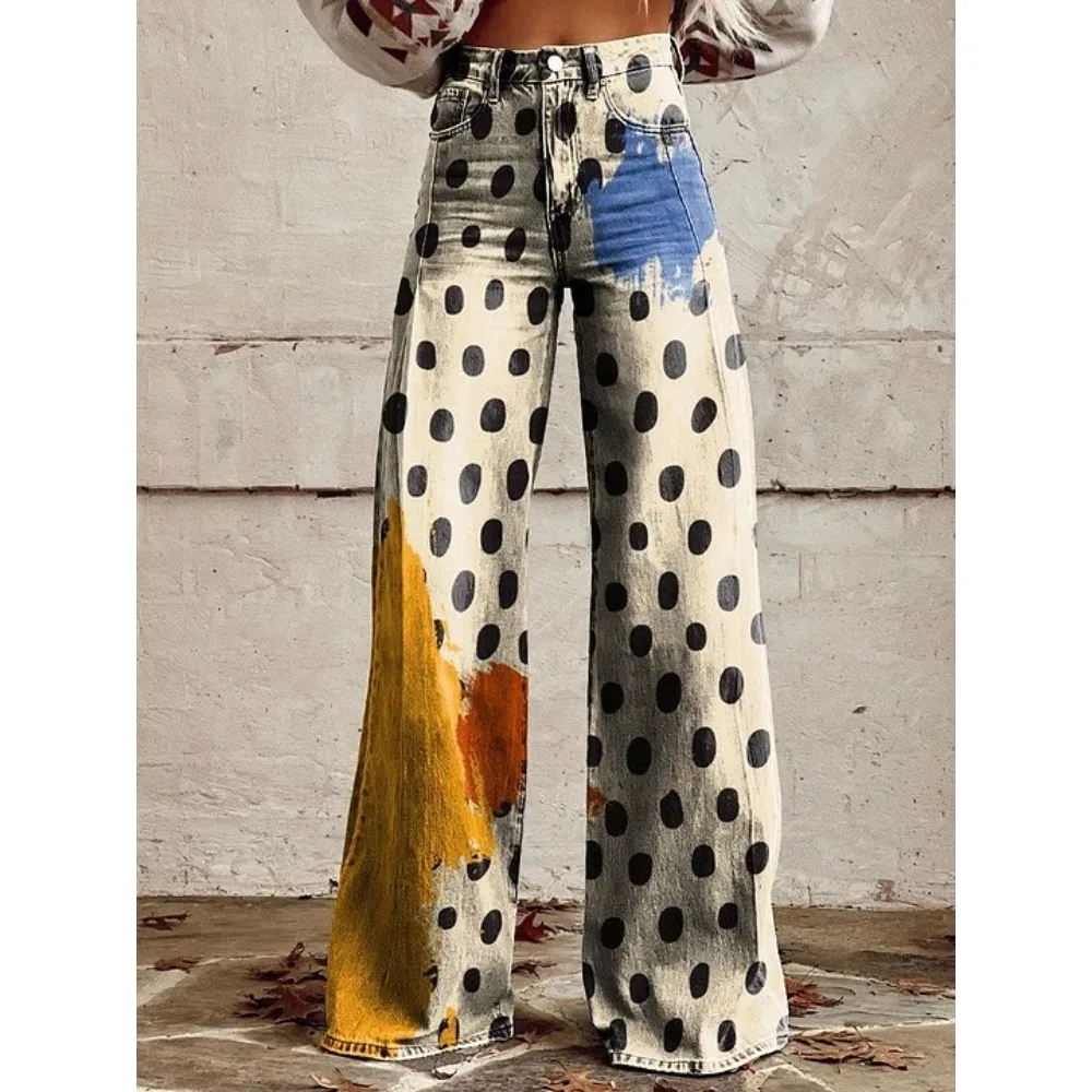 Vintage Leopard Print Wide Leg Trousers 100% Cotton High Waist Loose Fit Casual Palazzo Pants Summer Vacation Streetwear Pants