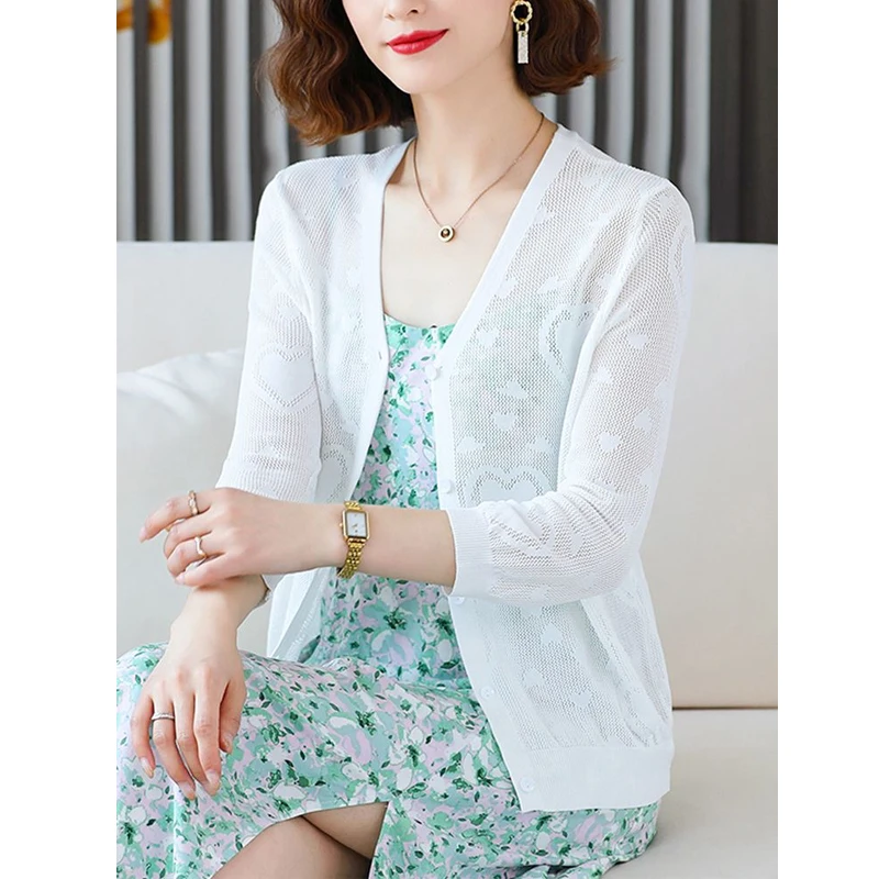 Women Korean Style Sexy Hollow Thin Elegant Knitwear Coat Spring Summer Ladies Solid V Neck Long Sleeve Button Knitted Cardigans
