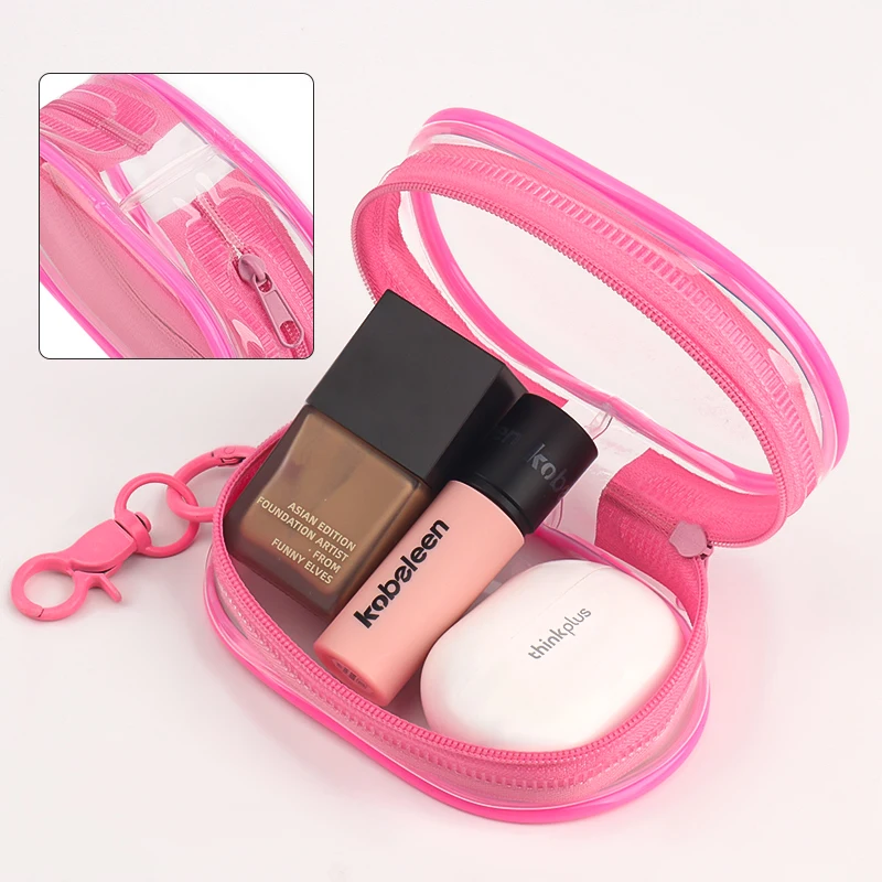 Bolsa de almacenamiento de cosméticos transparente portátil multifuncional, organizador para ahorrar espacio, cargadores de auriculares, soplo de polvo, Mini llavero con lazo