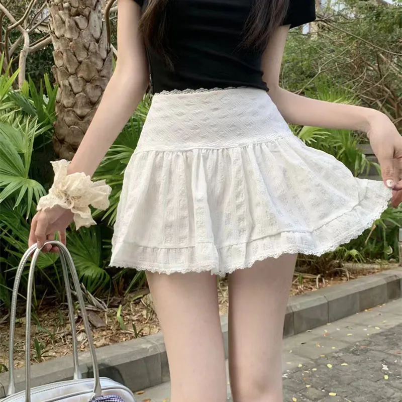 Lace Splicing Mini Skirts Women Summer Fashion Lolita White Pleated Skirts Korean Low Waist Streetwear All-match A-line Skirts