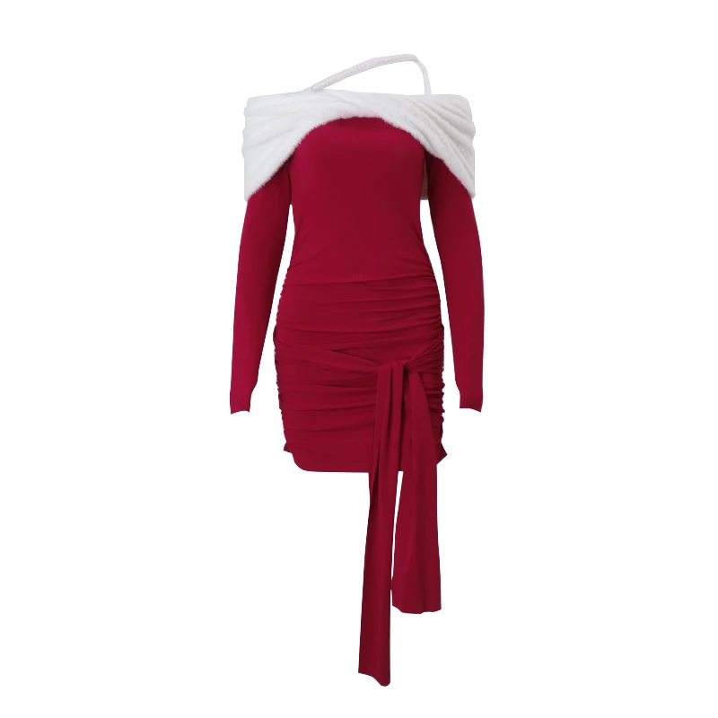 WhereMery Pelzkragen-Strick-dünnes Minikleid, elegant, langärmelig, neue, figurbetonte Kleider, sexy, 2025, Herbst-Winter, neue Weihnachtskostüme