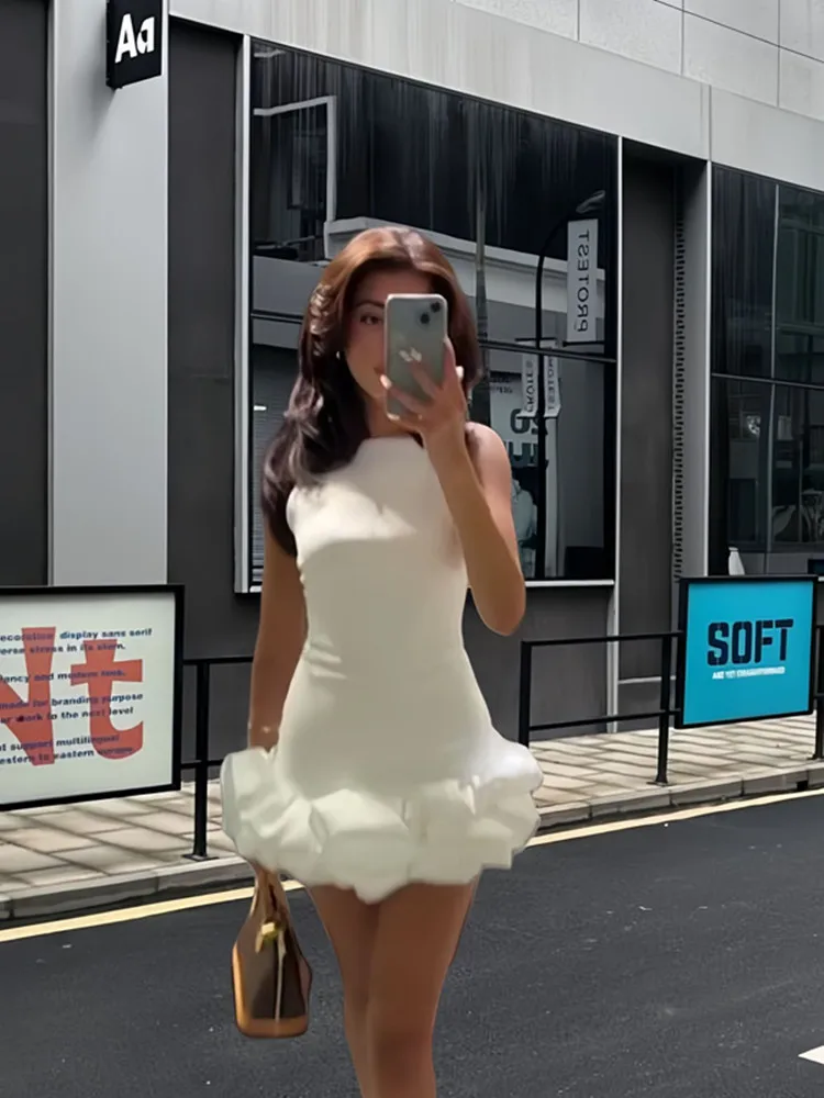 

SKMY Fashion Sweet Sleeveless Dress Women Clothing 2025 Autumn New Solid Color Ruffles Patchwork Bud Short Dresses Party Wear