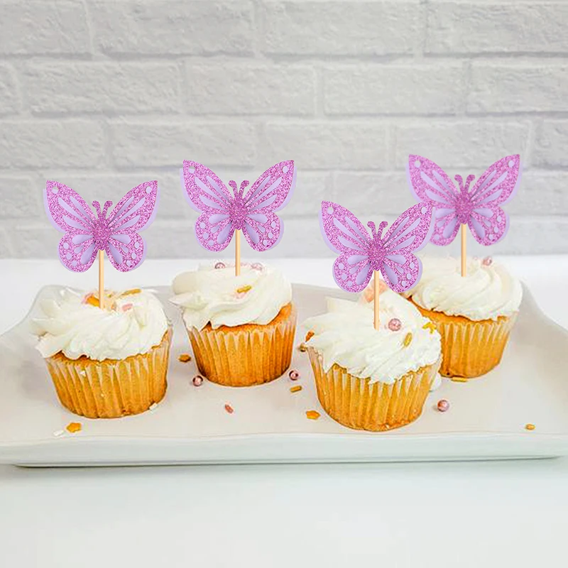 12pcs Butterfly Cake Decoration Pink Purple Fairy Butterfly Cake Topper Happy Birthday Decoration Wedding Party Decor Supplies