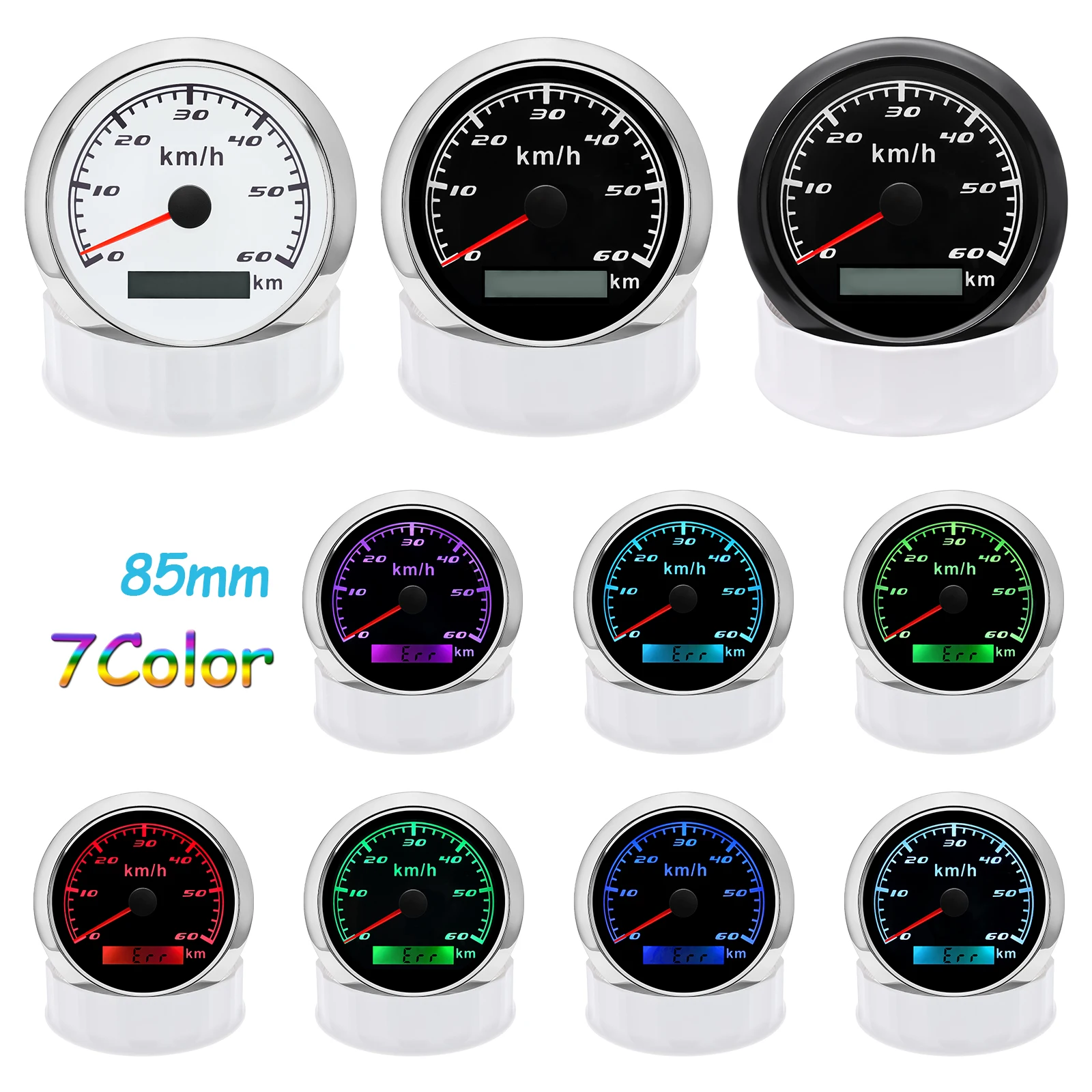 

7-цветный светодиодный автомобильный GPS-спидометр 85 мм, водонепроницаемый IP67, измеритель скорости 60 км/ч с антенной для морской лодки, автомобиля, квадроцикла, мотоцикла