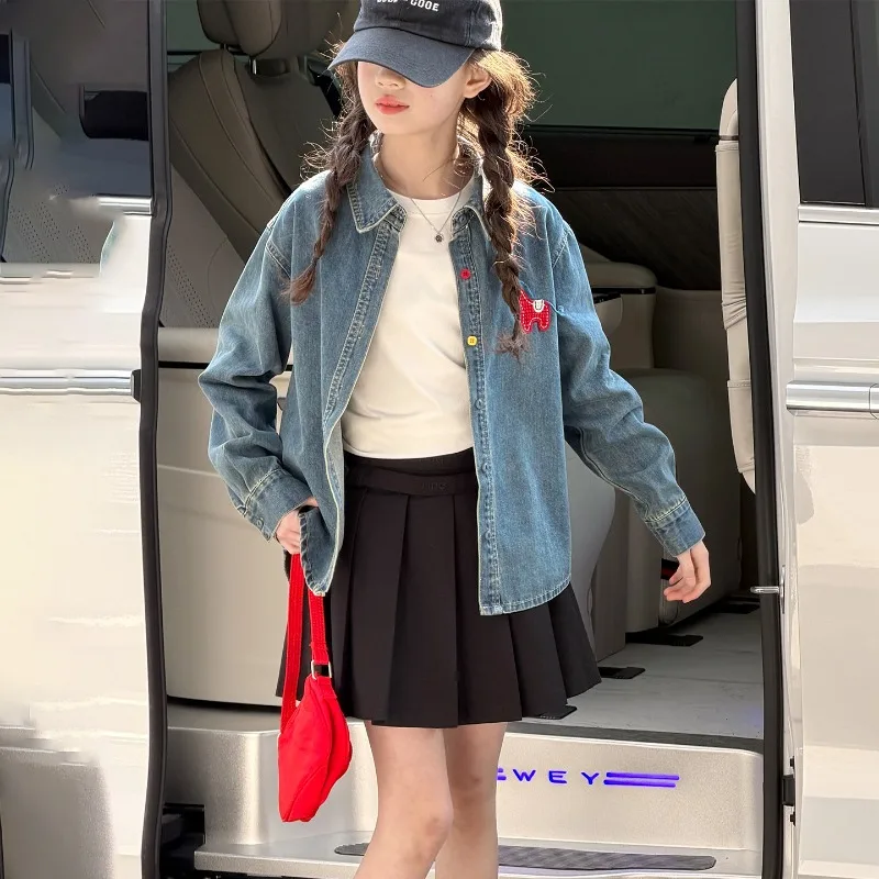 Girls Denim Shirt Coat Spring Autumn 2026 Casual Cute Horse Embroidered Long Sleeve Button Down Jean Jacket Children's Clothing