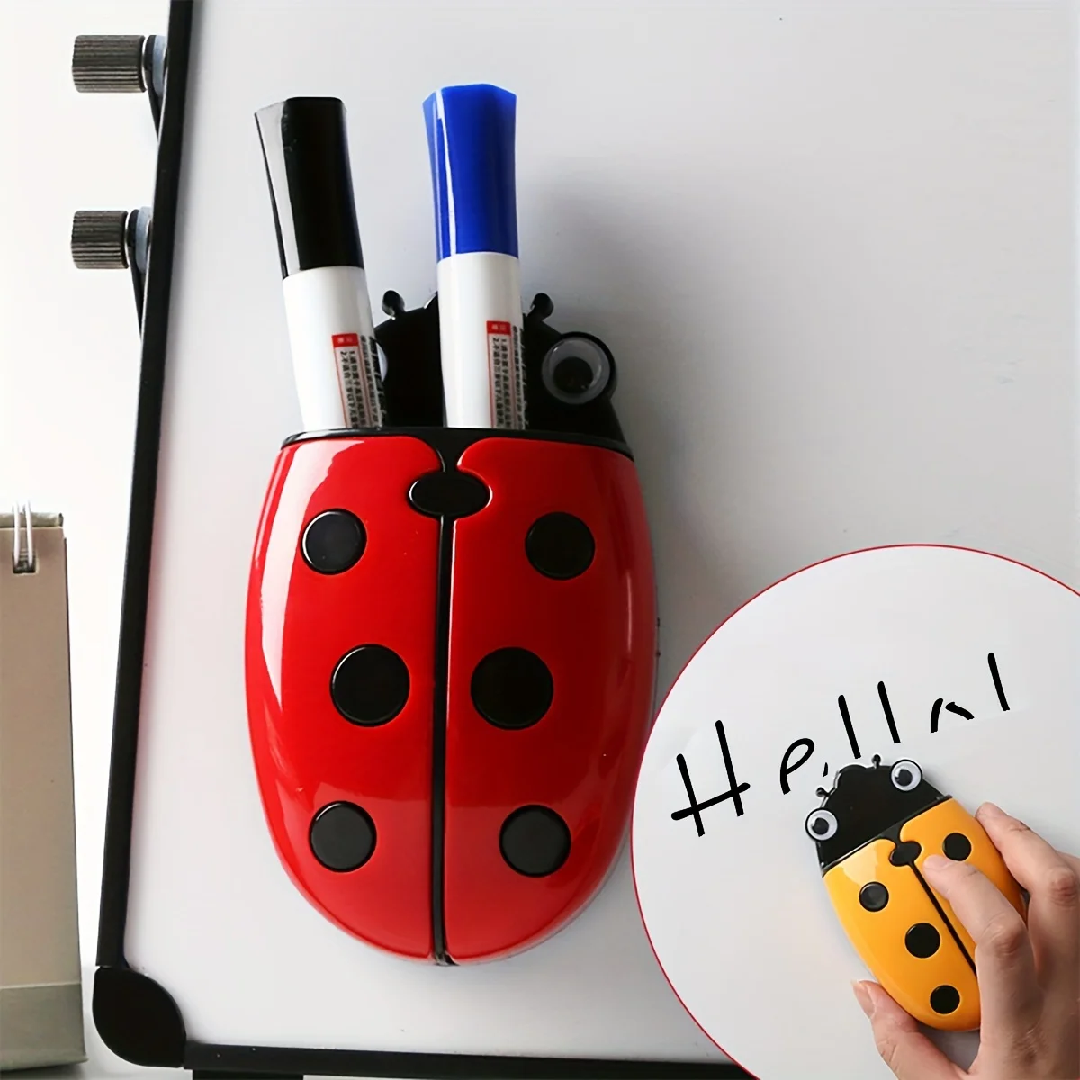 Ladybug Magnetic Pen Holder and Eraser - Dual purpose Whiteboard Accessory, Cartoon Plastic Storage Box