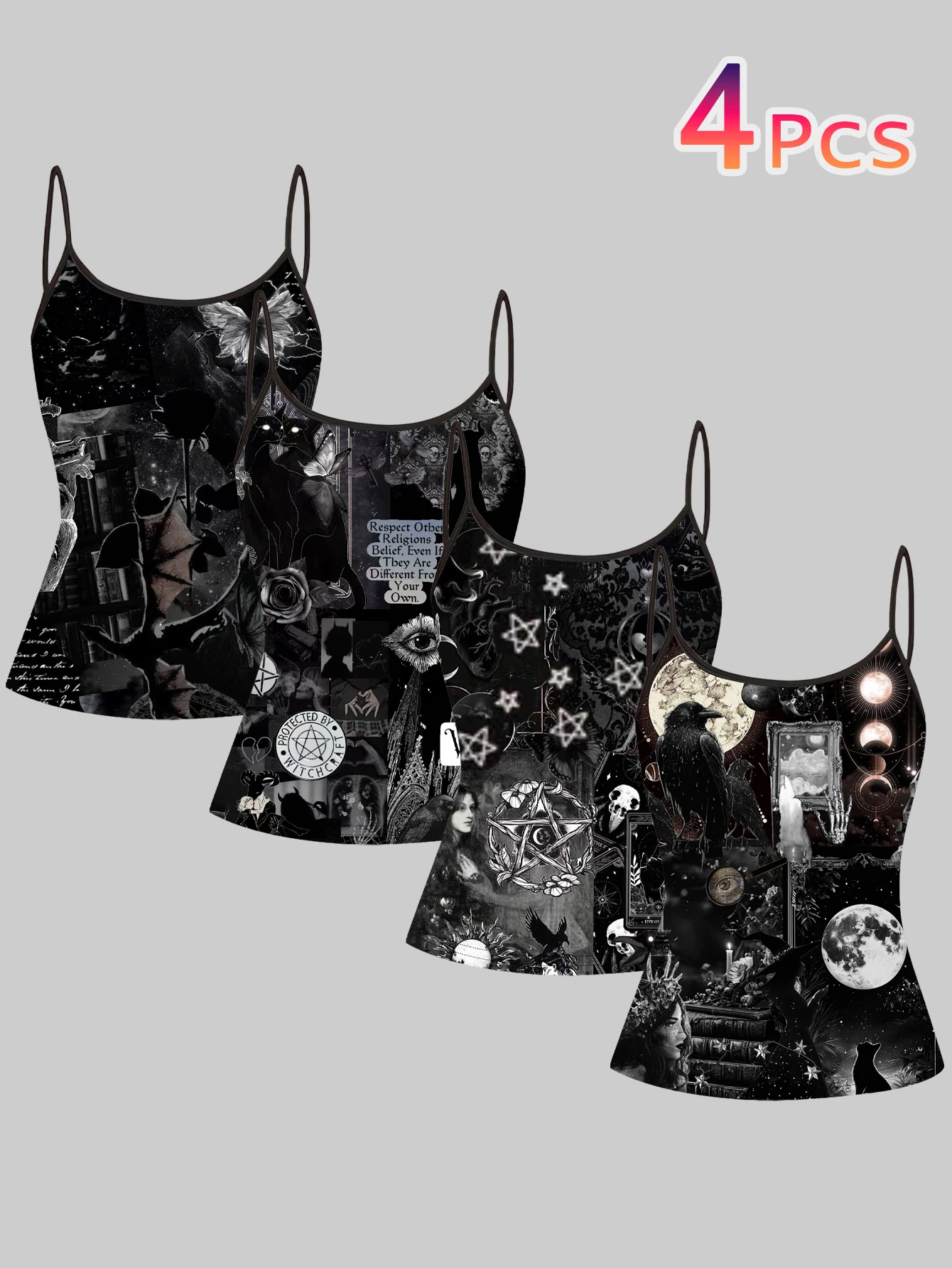 Women's 4-Piece Printed Camisole Set with Black Rose Bat Vintage Manuscript, Dark Manuscript Pentagram, Witch Portrait Pentagram, Full Moon Crow Magic Element Patterns, Slim-Fit Sleeveless Tops for Outerwear