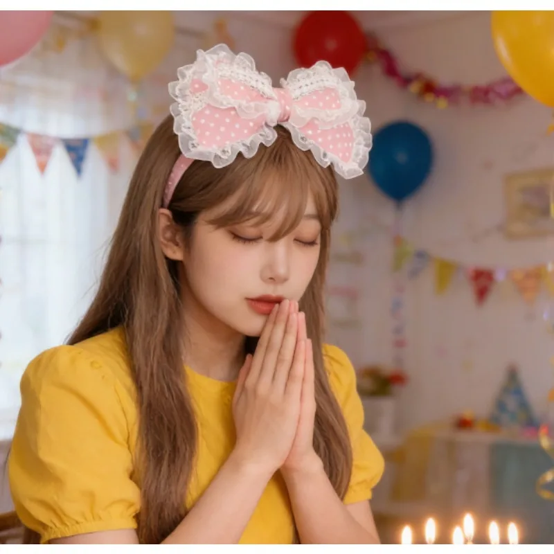 

Заколка для волос в стиле Лолита с кружевом в горошек, большая заколка-бант ручной работы, головной убор для косплея, Комик-Кона и чаепития