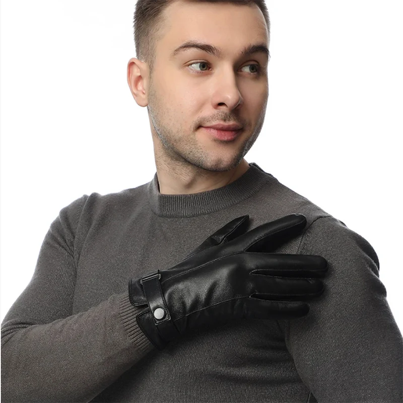 

Autumn Winter Genuine Sheepskin Leather Gloves Men Warm velvet lined Full Finger Touchscreen Cycling Driving Motorcycle Gloves