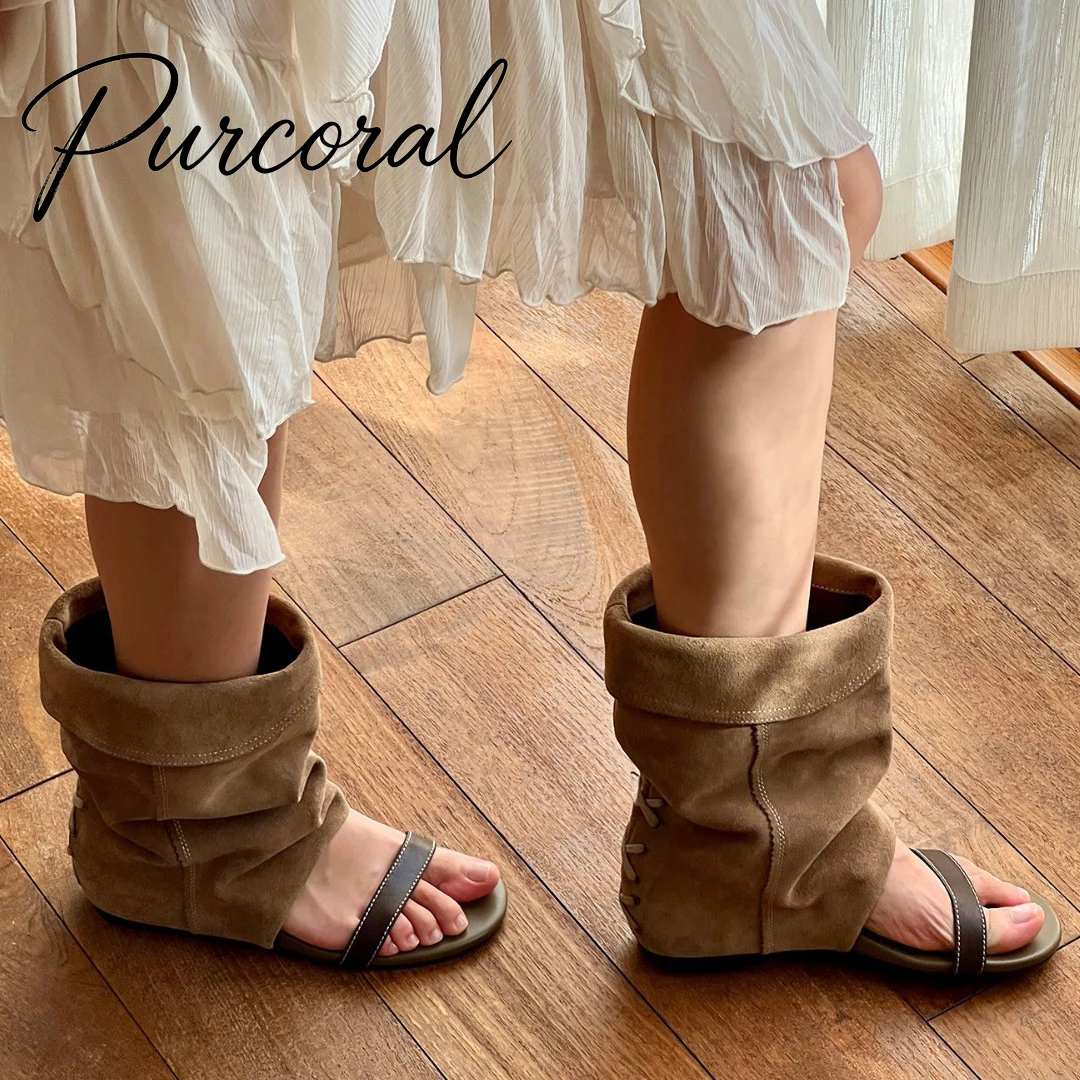 Women Suede Fold Over Knee High Boot Sandals Thong Flip Flop Flat Shoes Back Lace Up Streetwear Summer Footwear