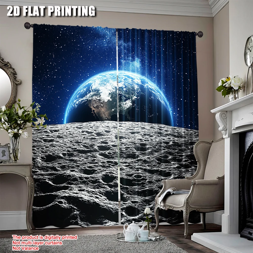 

2Pcs Galaxy Curtain View Of Earth Globe From The Moon Surface Out Space Dark Matter Galaxy For Bedroom Living Room And Dining