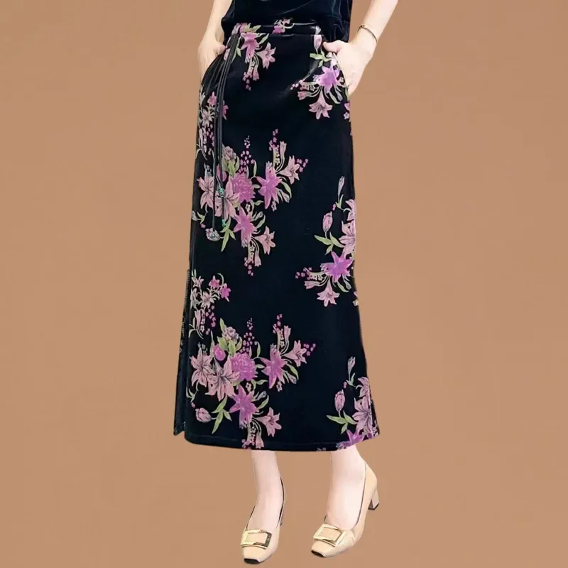 

Elegant Floral Print Mid Length Wrap Skirt For Women High Waist Casual Autumn Style With Pockets Zipper Closure