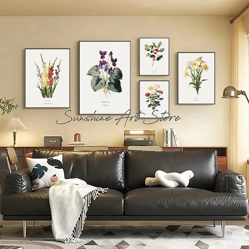 Birth Month Flower Vintage Botanical Wall Art Violet Carnation Lily of The Valley Poster Canvas Painting Wall Picture Home Decor