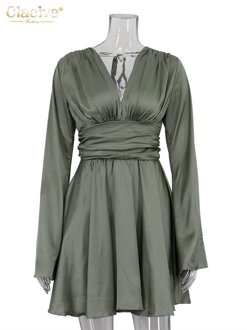 Clacive Fashion Loose Green Satin Women Dress 2024 Sexy V-Neck Long Sleeve Mini Dresses Elegant Classic High Waist Female Dress