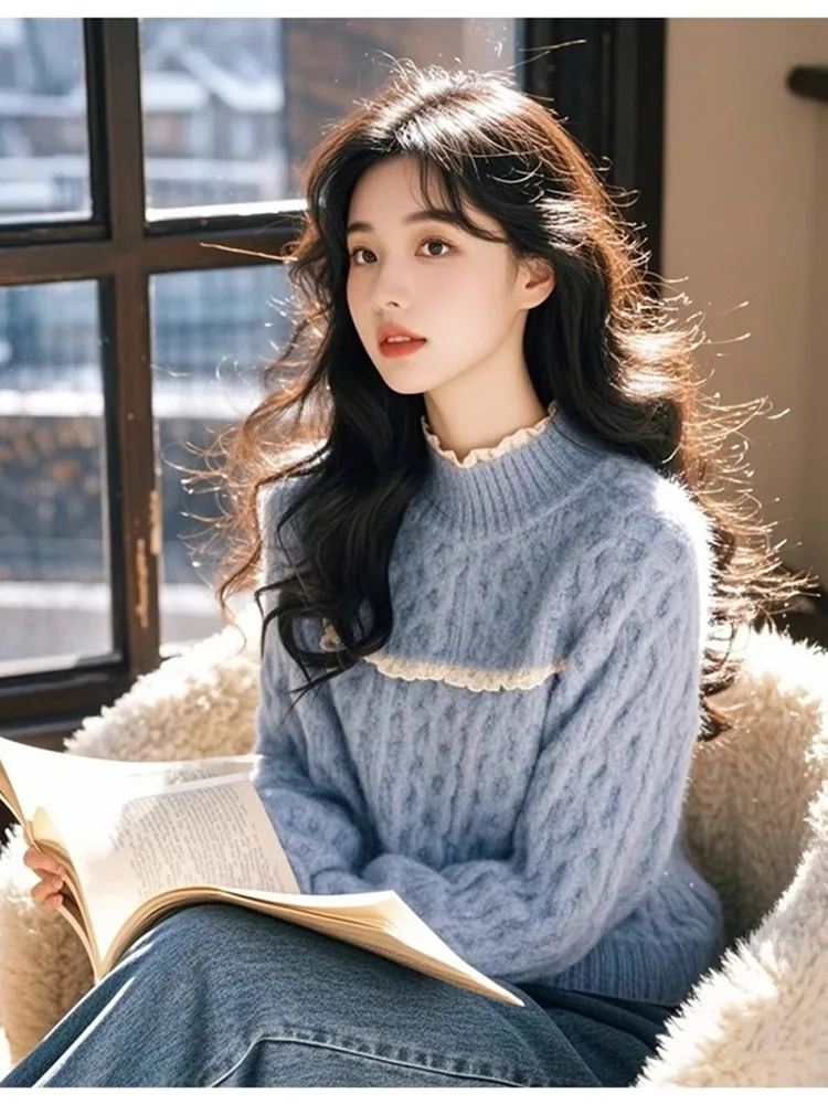 

Soft Blue Knitted Sweater Women's f High Collar Autumn Faion Comfortable Warmth Straight Cut Long Sve Commute Sle