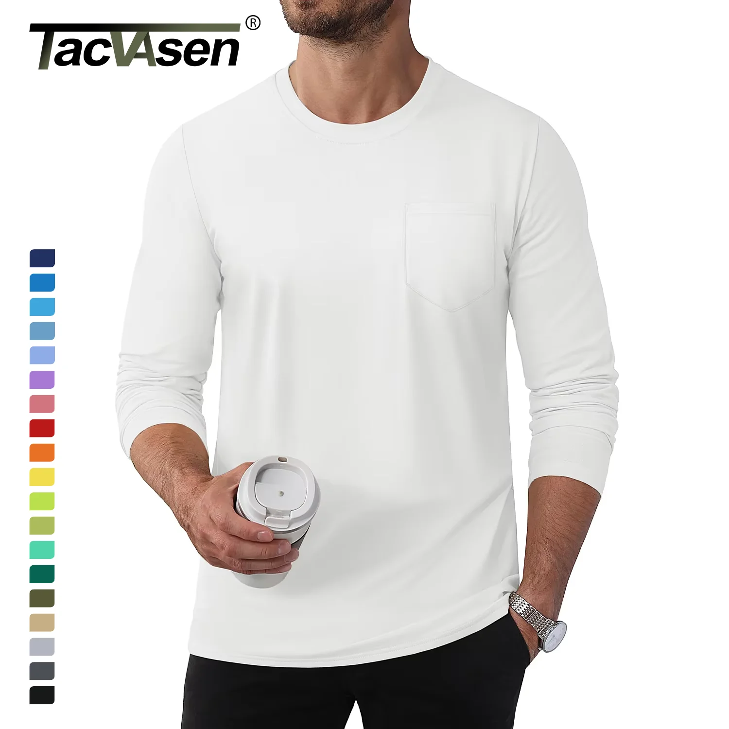 TACVASEN Long Sleeve Cotton T-shirts Mens Chest Pocket Casual T-shirt Moisture Wicking Crew Neck Basic Tee Tops Male Pullover