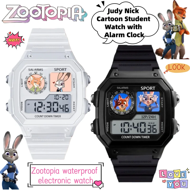 

Disney Zootopia Judy Hopps Nick Secondary Cartoon Student with Alarm Clock Watch Creative Animation Peripheral Electronic Watch