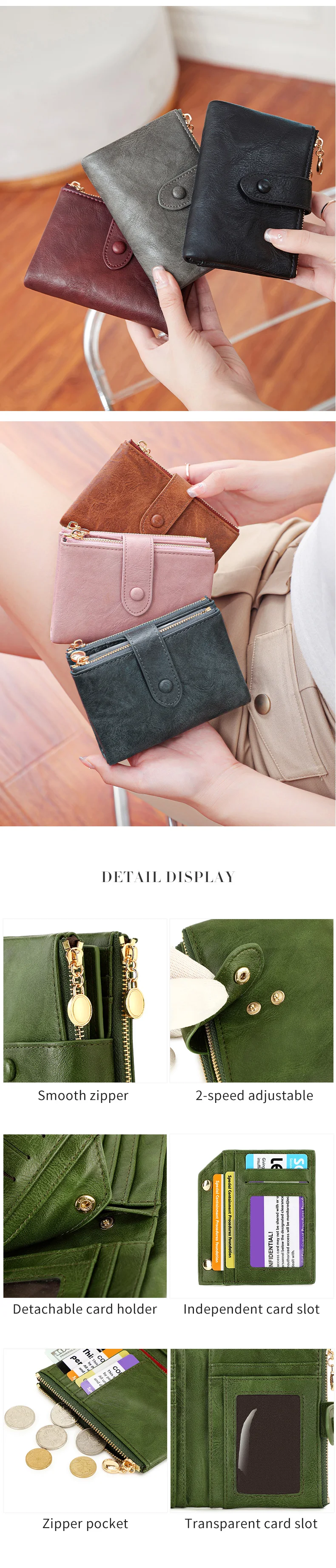 Minimalistische Damen-Geldbörse, kurz, dreilagig, großes Fassungsvermögen, Doppelreißverschluss, Kartenhalter, Ausweis, Kreditkartenetui, Geldbeutel – Detail 8