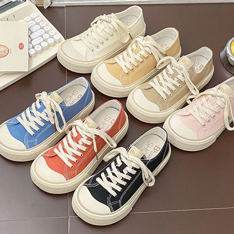 

Quality Women Thick Sole Canvas Shoes Wide Toe Female Flat Sneakers Lace Up Students Solid Casual Shoes Tennis Shoes loafers
