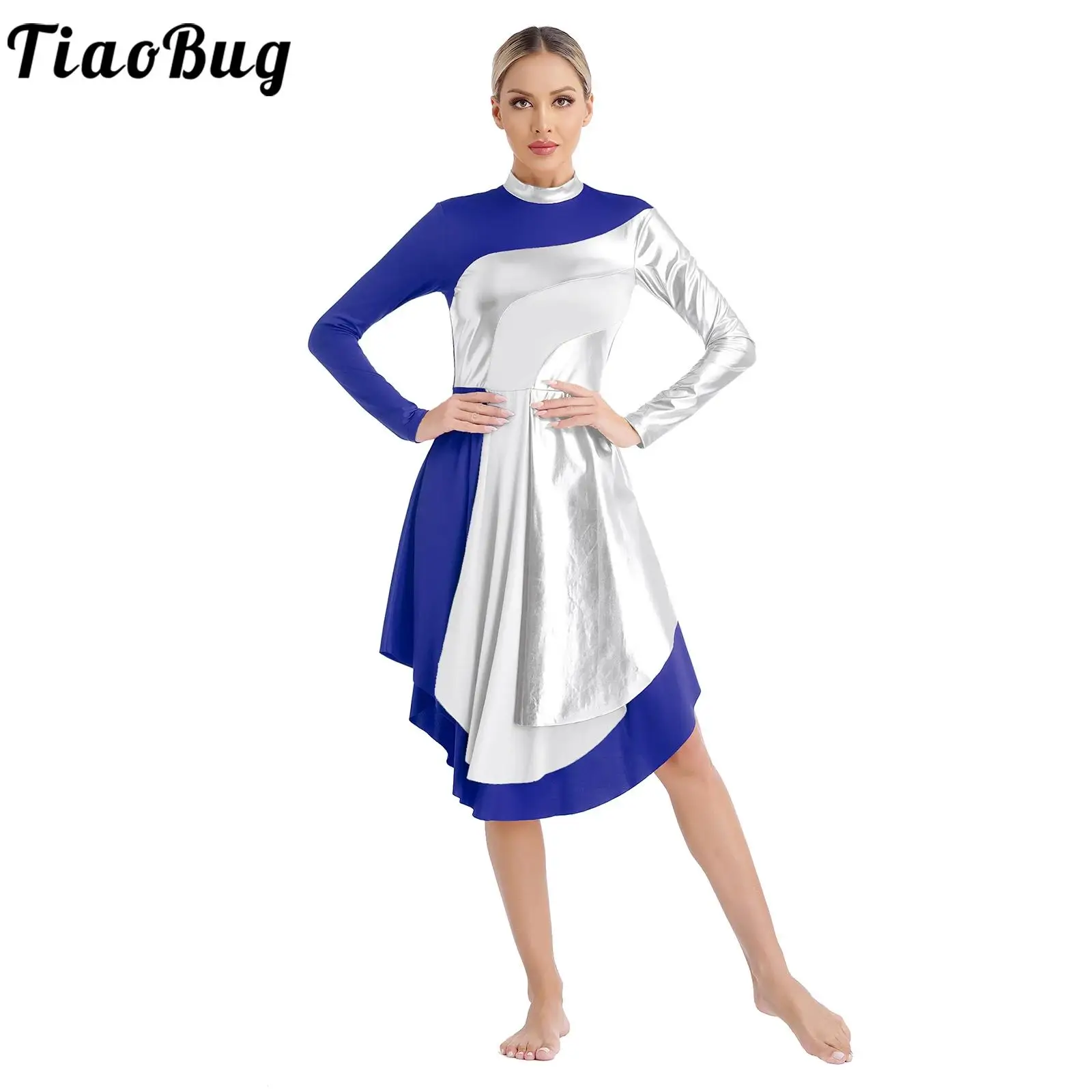 Womens Shiny Metallic Liturgical Dress Modern Dance Performance Dresses Long Sleeve Curved Hem Worship Church Festival Dress