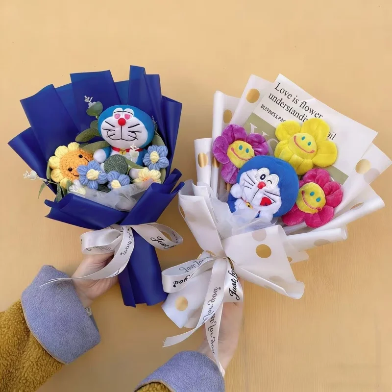 Classic Anime Genuine Doraemon Plush Dolls With Flowers Creative Bouquets Christmas Birthday Graduation Gifts