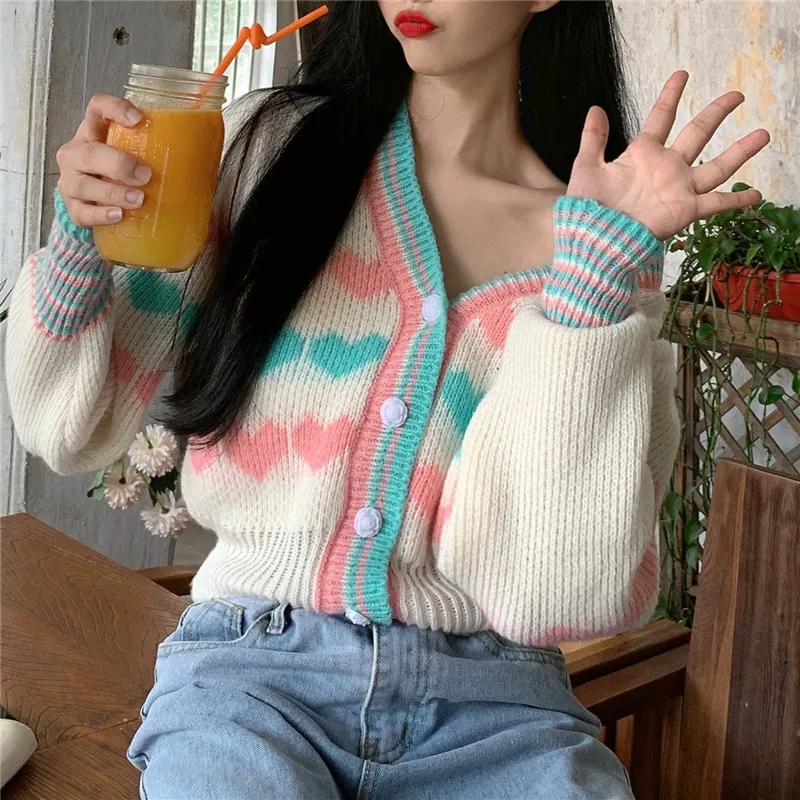 Sweaters Korean Fall Winter Preppy Style Sweet Kawaii V-Neck Heart-shaped Jacquard Full Sleeve Knitting Pullover Sweater Female