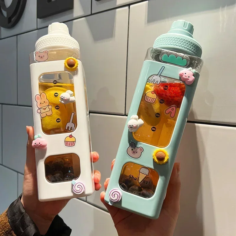 700/900ml Kawaii Pastel Water Bottle with Straw Girl Plastic Travel Tea Juice Milk Cup Portable Cute Shaker Drink Bottle Gift