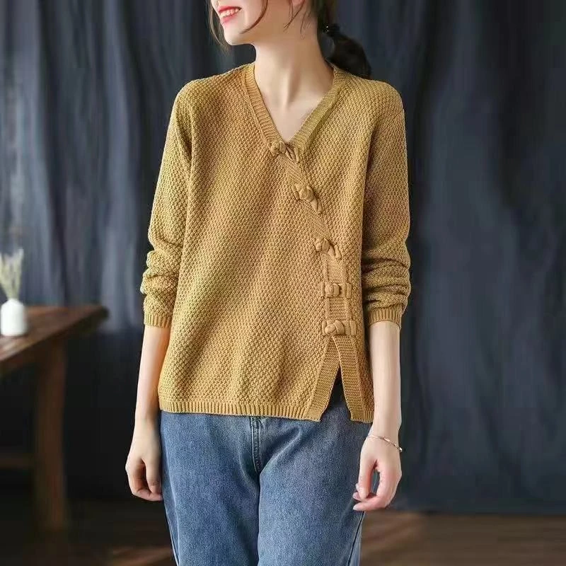 Women Vintage Knit Top 2026 Spring New Asymmetric Front Button Knitted Sweater Elegant Slim Fit Long Sleeve