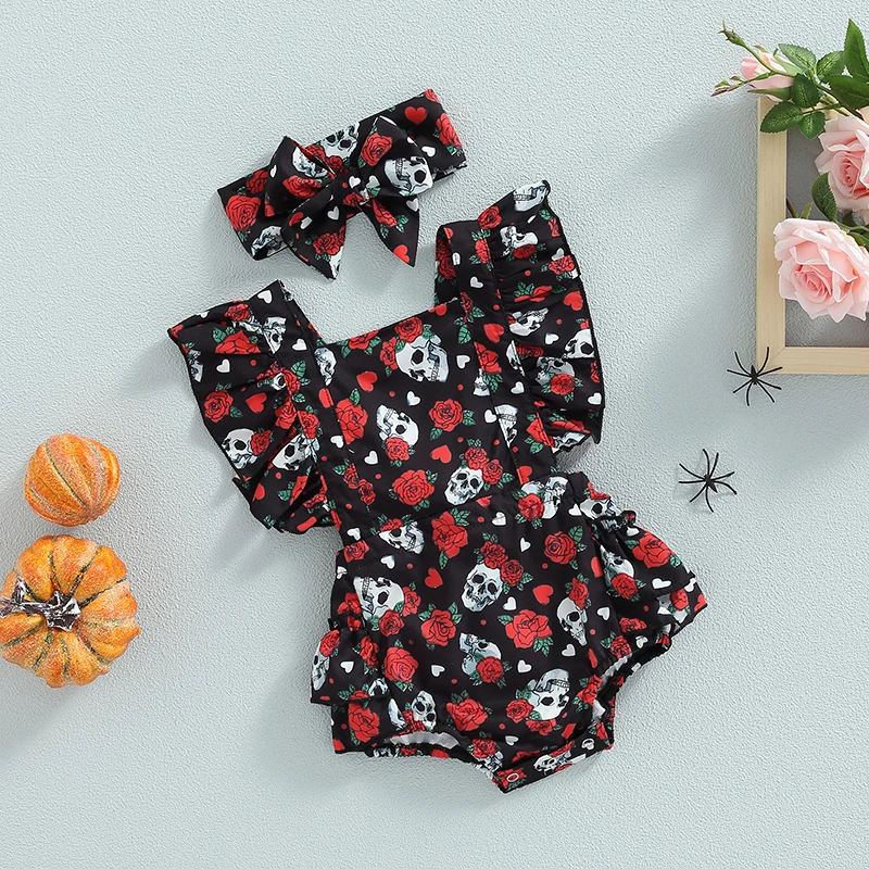 New 2Pcs Baby Girl Halloween Outfit Rose Skull Print Square Neck Ruffle Romper + Hairband Set For Infants 0-24 Months