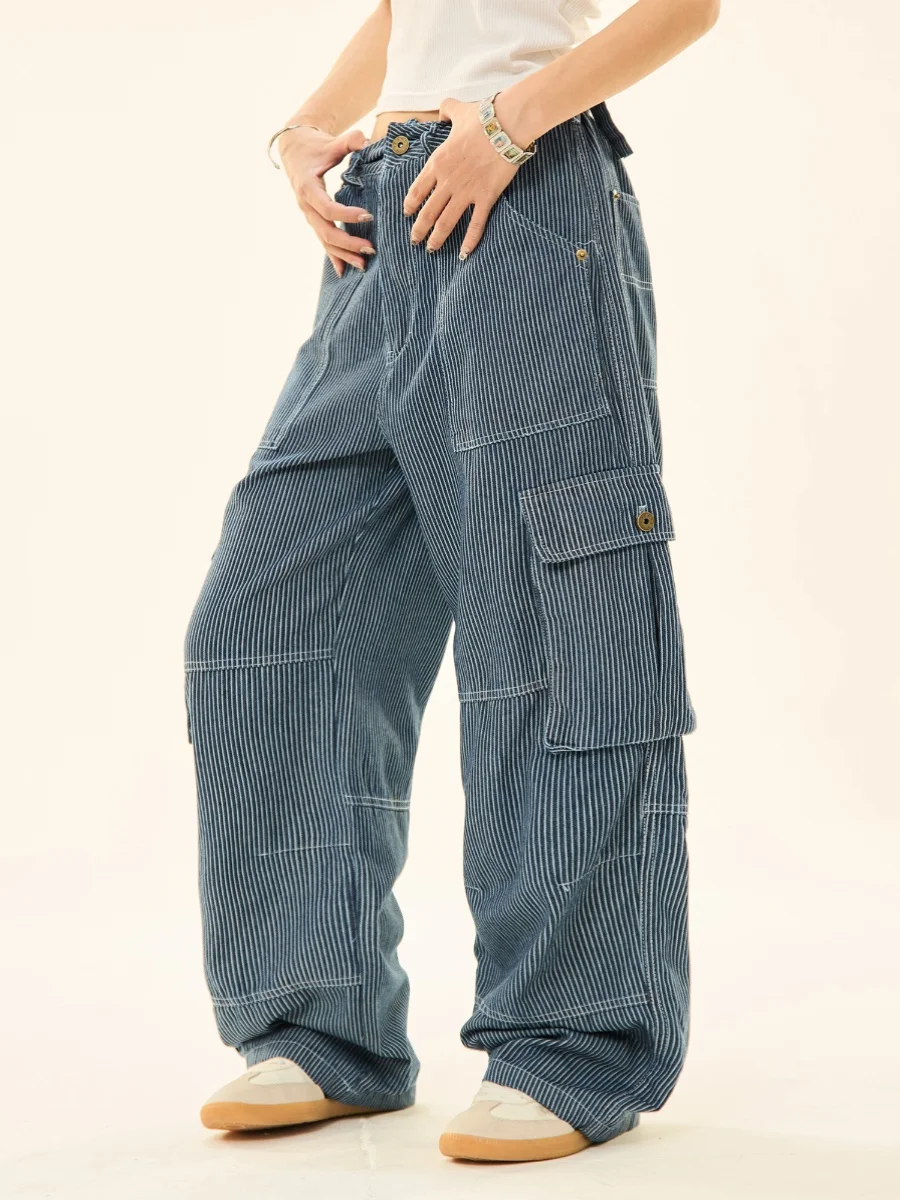 Vêtements de travail rétro américains, jean rayé à jambes droites, pantalon décontracté ample à jambes larges pour hommes et femmes