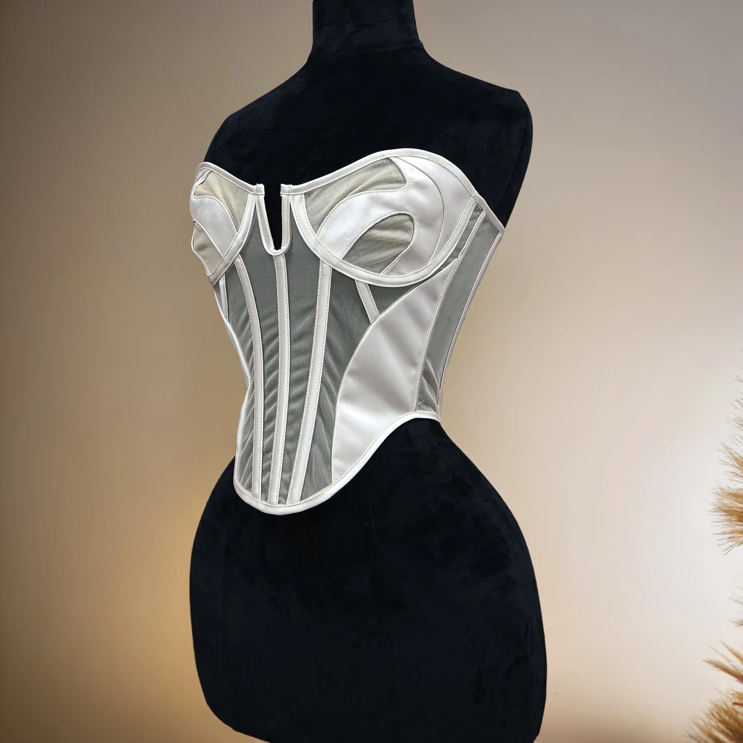 Women Luxury Mesh Strapless Overbust Bustier Lace up Steel‑Boned Breathable Crop Party Costume