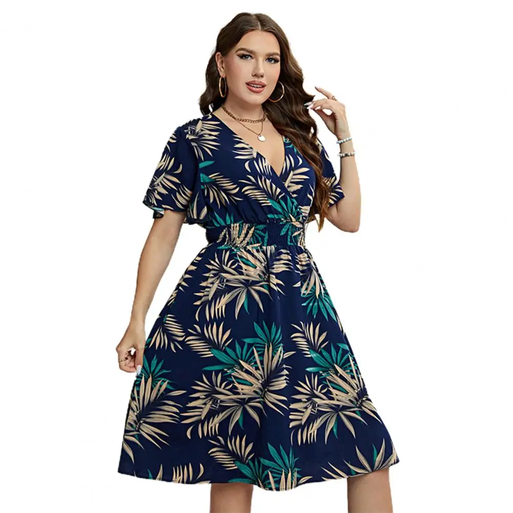 Maxi estampado em folha feminino Vestido, Lisonjeiro, Decote em v, Plus Size, Elegante, Verão