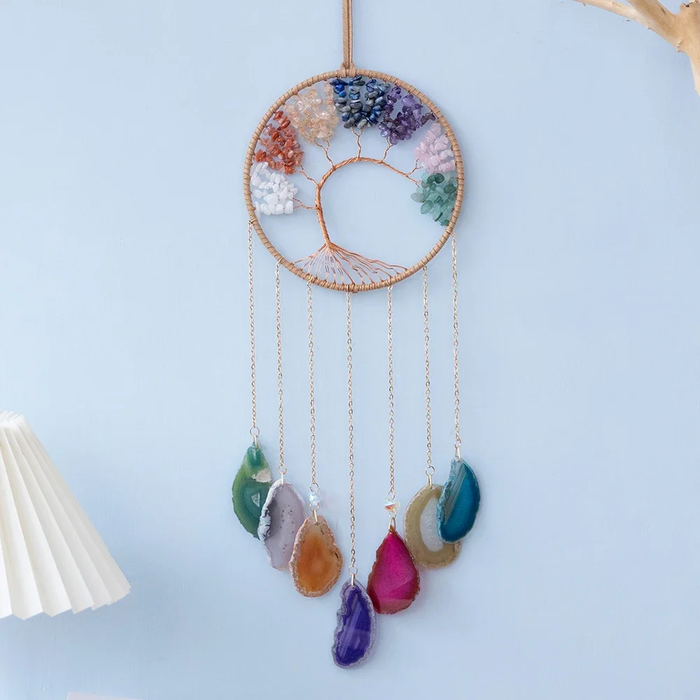 Natural Colored Agate Tree of Life Dream Catchers 7 Chakra Gemstones Garden Crystal Dream Catchers Wall Hanging Home Decorations