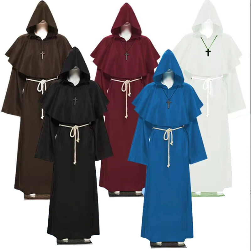 

Men's Halloween Wizard Costume Medieval Monk Friar Robes Cenobite Hooded Robe Priest Cosplay Ancient Clothing Father Cross Cloak