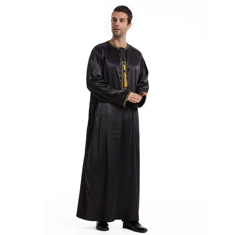 

Mens Muslim Robe Middle Eastern Thobe Long Sleeve Loose Fit Tassel Ethnic Clothing