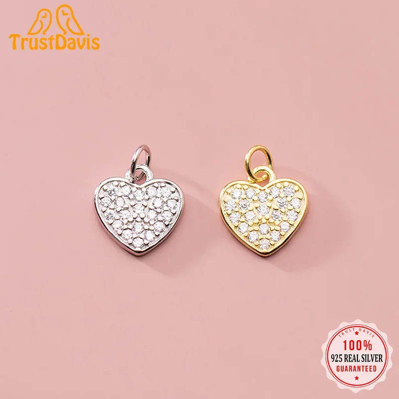 TrustDavis New Fashion Real 925 Sterling Silver Sweet Romantic Heart CZ Charm Pendant Handmade DIY Accessories Wholesale DZ35